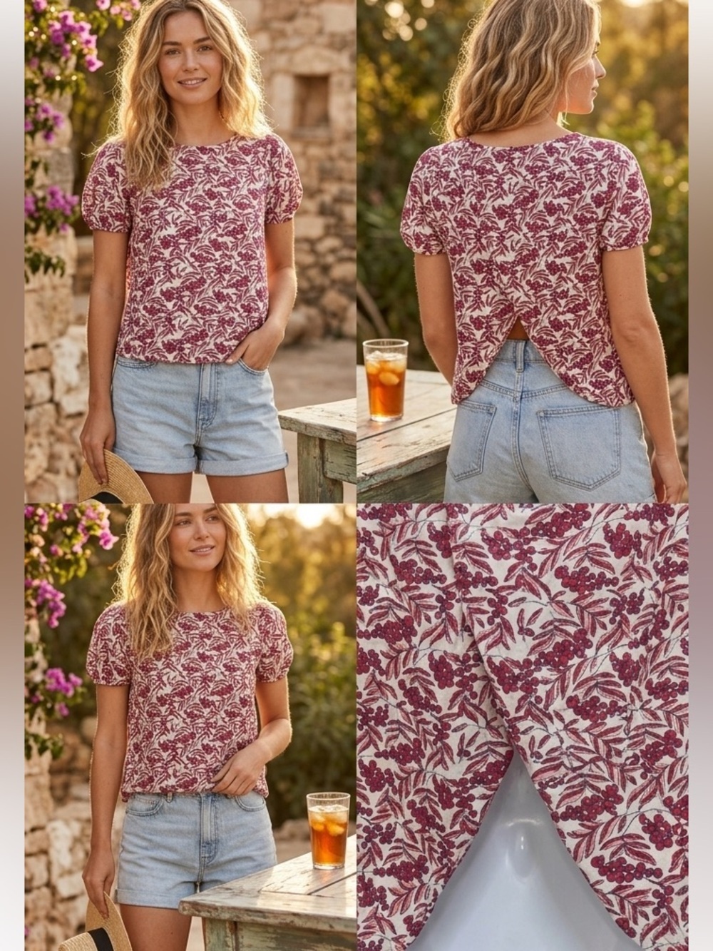 Jack Wills Red Berries Tulip Back Crop Blouse 0